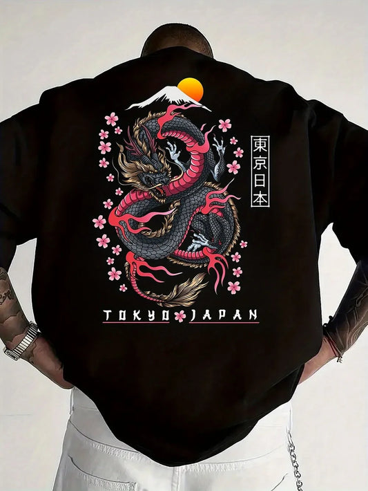 Fashionable men's summer new dragon print flower comfortable breathable round neck T-shirt outdoor street style top