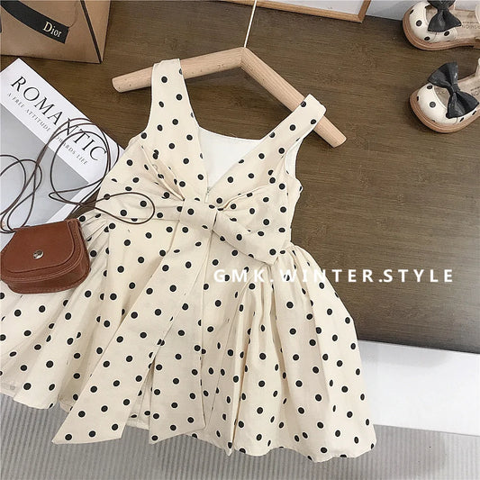 Girls Sleeveless Polka Dot Dress 2025 Summer New Children Vest Dress Baby Bow Princess Cotton Dress