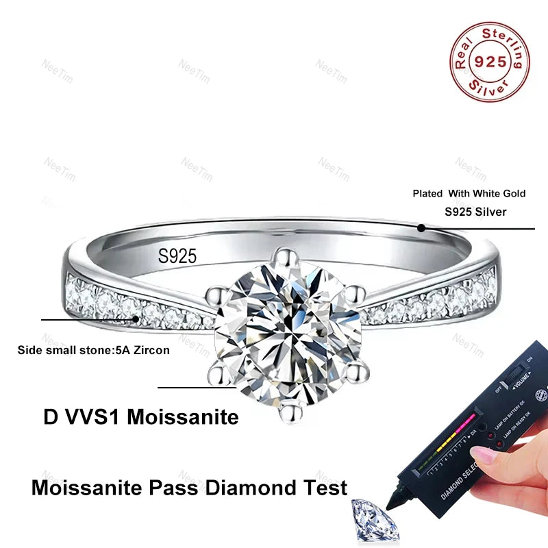 1ct 6.5mm Red Blue Pink Yellow Green Purple Black Moissanite Ring Sterling 925 Silver Wedding Party Band for Women Gifts