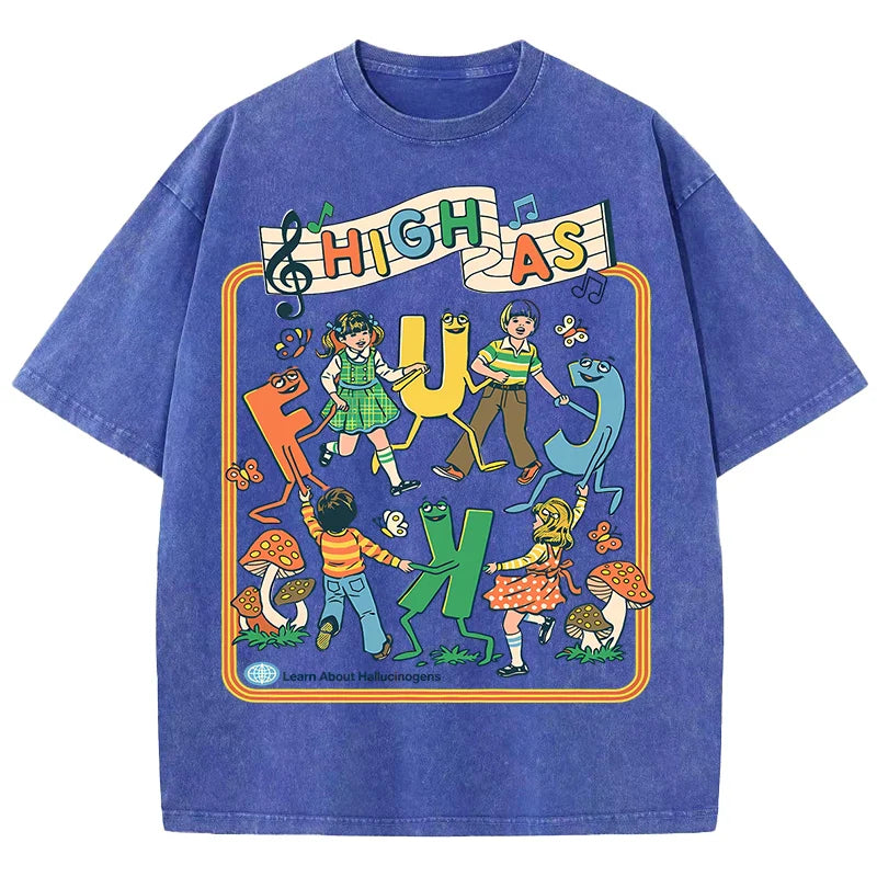 Happy Playing Children Pattern Retro T-Shirt Men Summer Soft Clothing Trendy Crewneck Washed Tops Oversize Cotton Streetwear