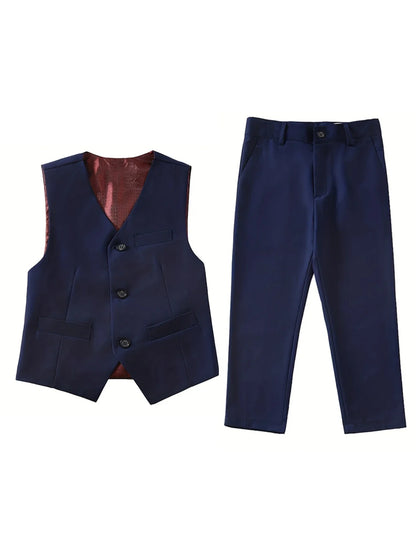 4pcs/set Boys' Suit Set With Pants, Vest, Shirt And Tie School Uniforms