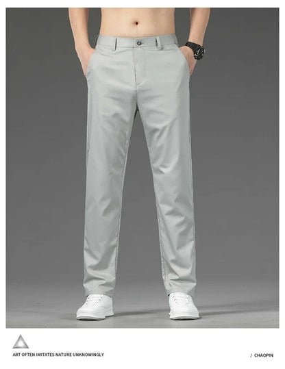 Thin Men Bamboo Summer Pants Casual High Quality Business Classic Fashion Stretch Slim Formal Straight Trousers Black Gray Khaki