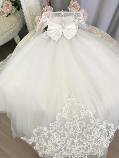 Communion Girl Dress Lace Appqulies Bodice Floor-length Skirt Puffy Dress with Long Train Formal Party Toddler Clothe