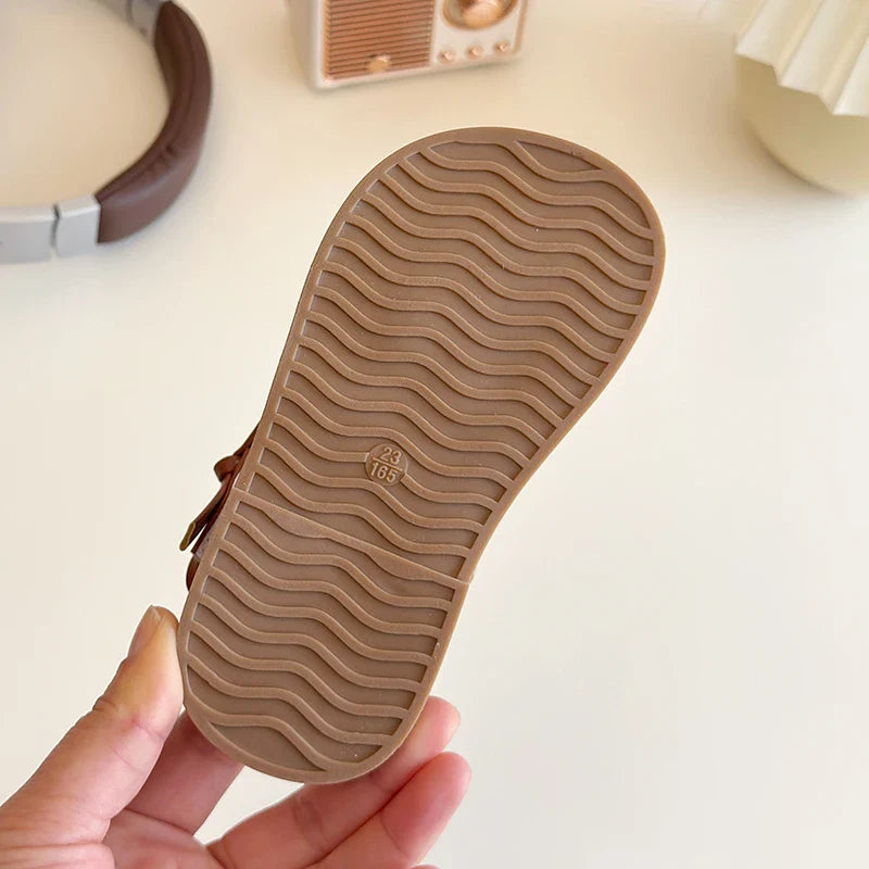 Summer Girl's Sandals Braided Flower Classic Trendy Vintage Kids Sliders Beige Brown Open Toe Holiday Pu Leather Children Shoes