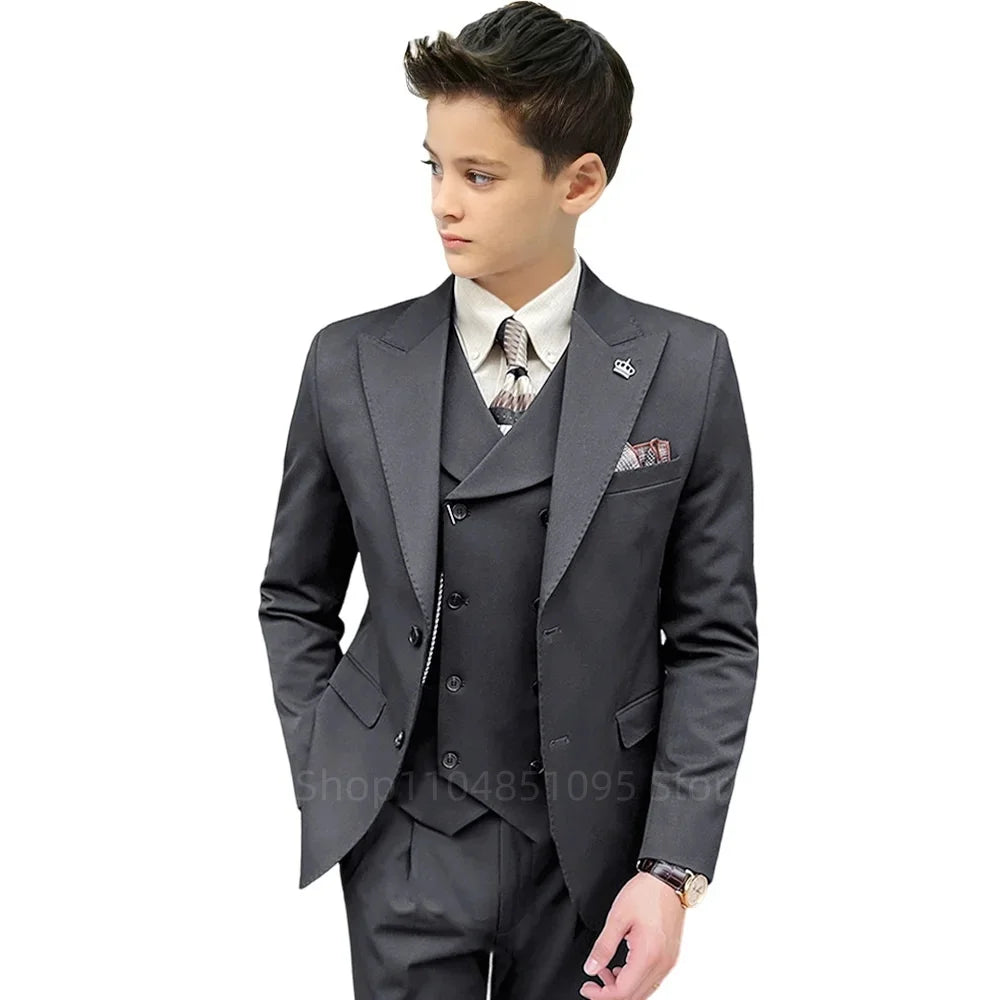 3 Piece Slim Fit Boy Fashion Suits Cutsom Flower Boy Wedding Tuxedo Prom Wedding Peak Lapel Jacket Vest Pants Set Children Suit