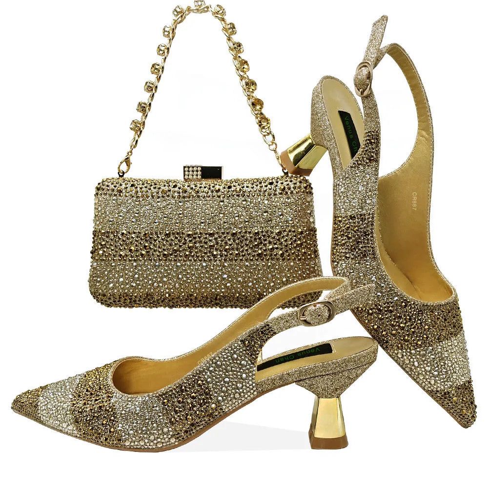 Fashionable Party Shoes and Bags Nigerian Women’s Party Suit Medium Heel Pointed Toe Women’s Shoes and Same Color Bag