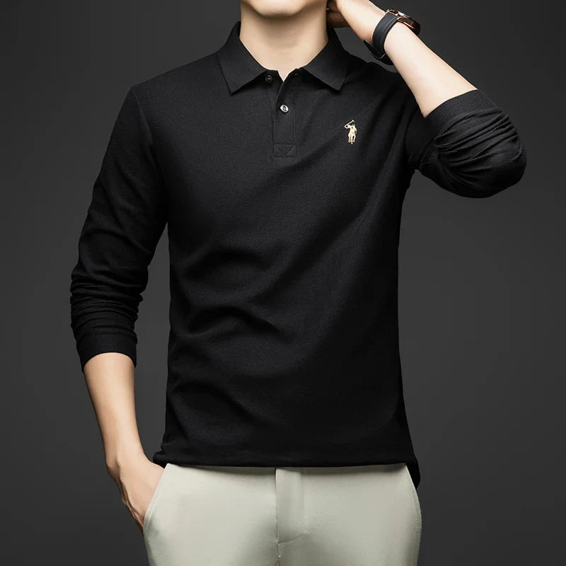 100% Pure Cotton Men's Long Sleeved Polo Shirt, Collar T-shirt, Spring and Autumn Top, No Ironing, Wrinkle Resistant Embroidery