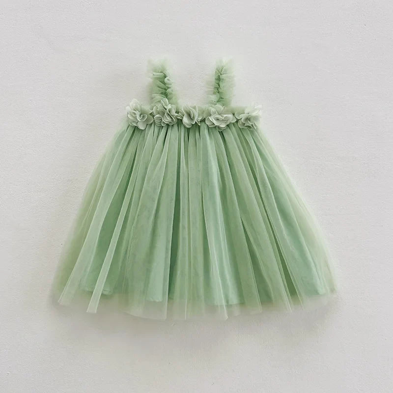 1-6 Y Girls Dresses  3D Flower A Line Dress for Girls Sleeveless Camisole Mesh Dress