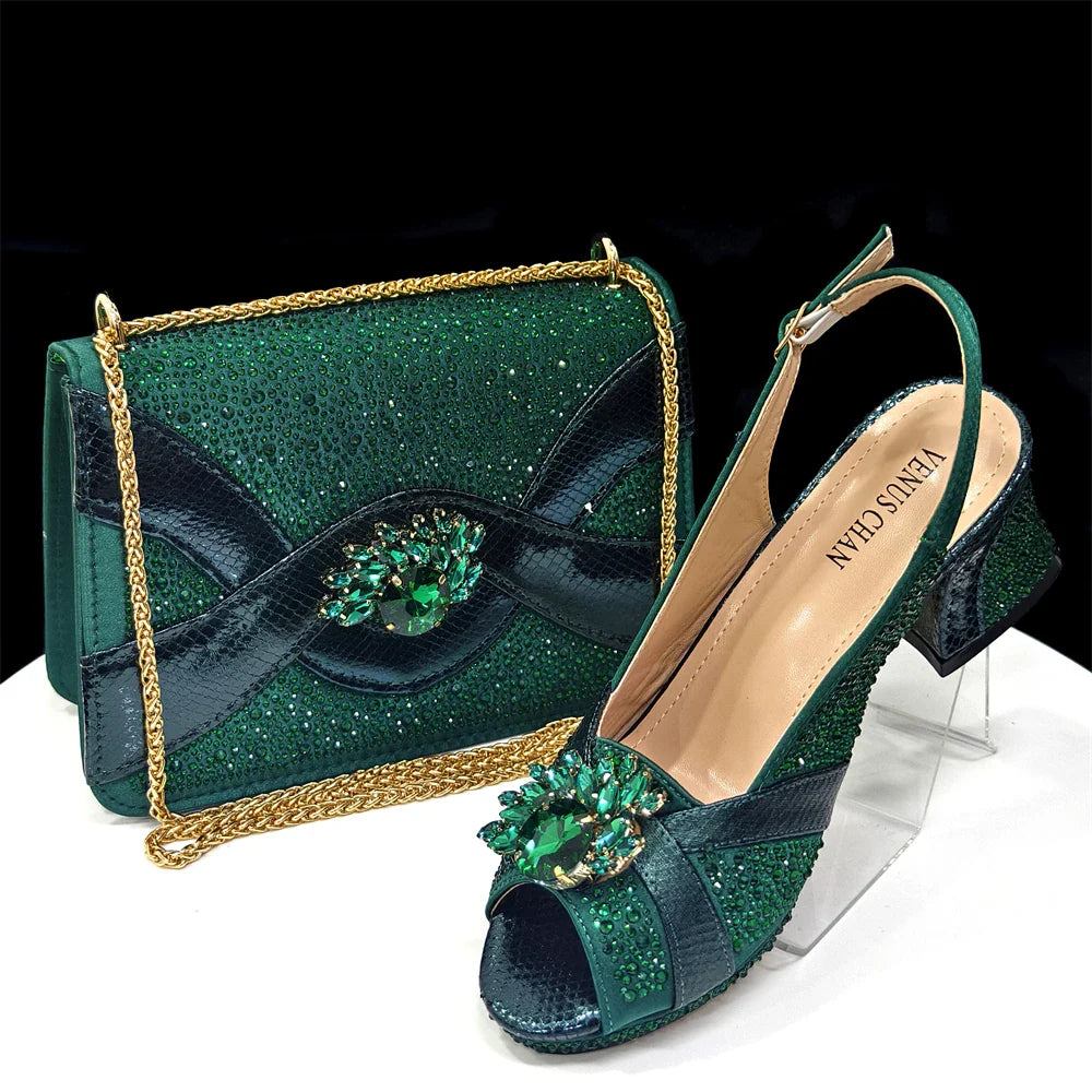Luxurious Italian Women's Party Shoe and Bag Set – Elegant Black Rhinestone Peep-Toe High Heels Sandals for Weddings