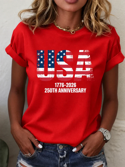 Women's 250th Anniversary 1776-2026 T-Shirt USA American Flag Print 4th of July Patriotic Casual Short Sleeve Tops