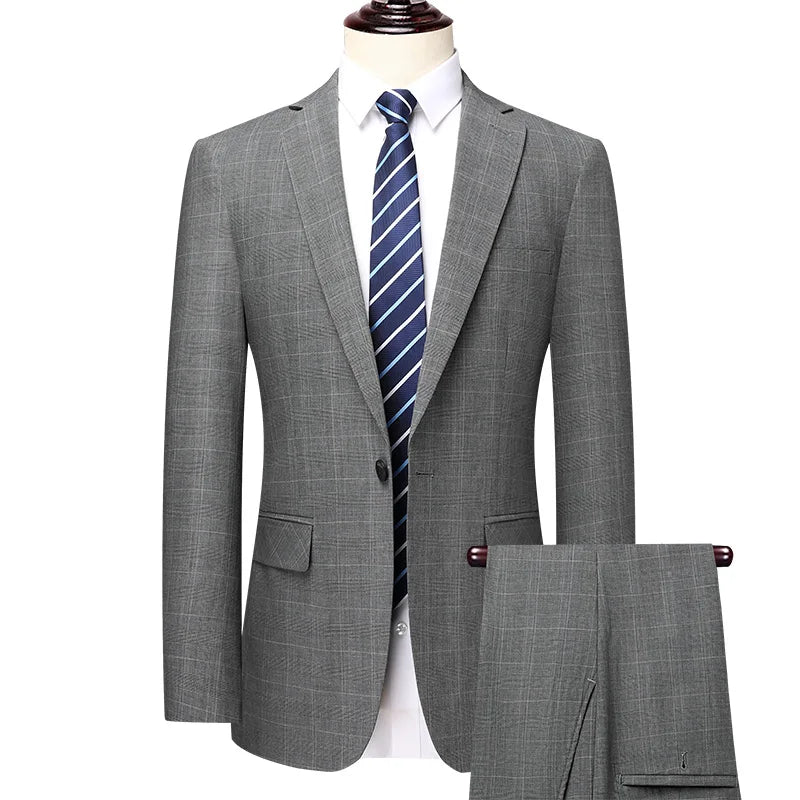 Suits (blazer+ Pants) Men Fashion Business Casual Solid Color Korean Version Slim-fit Plaid Gentleman Wedding Work S-5XL