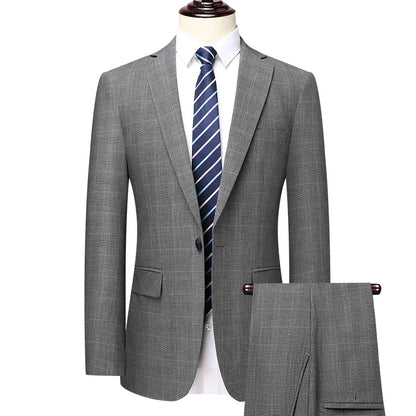 Suits (blazer+ Pants) Men Fashion Business Casual Solid Color Korean Version Slim-fit Plaid Gentleman Wedding Work S-5XL