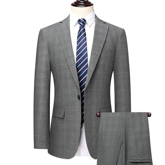 Suits (blazer+ Pants) Men Fashion Business Casual Solid Color Korean Version Slim-fit Plaid Gentleman Wedding Work S-5XL