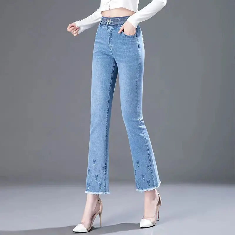 Elastic Waist Flare Nine Points Boot Cut Women Clothing Jeans