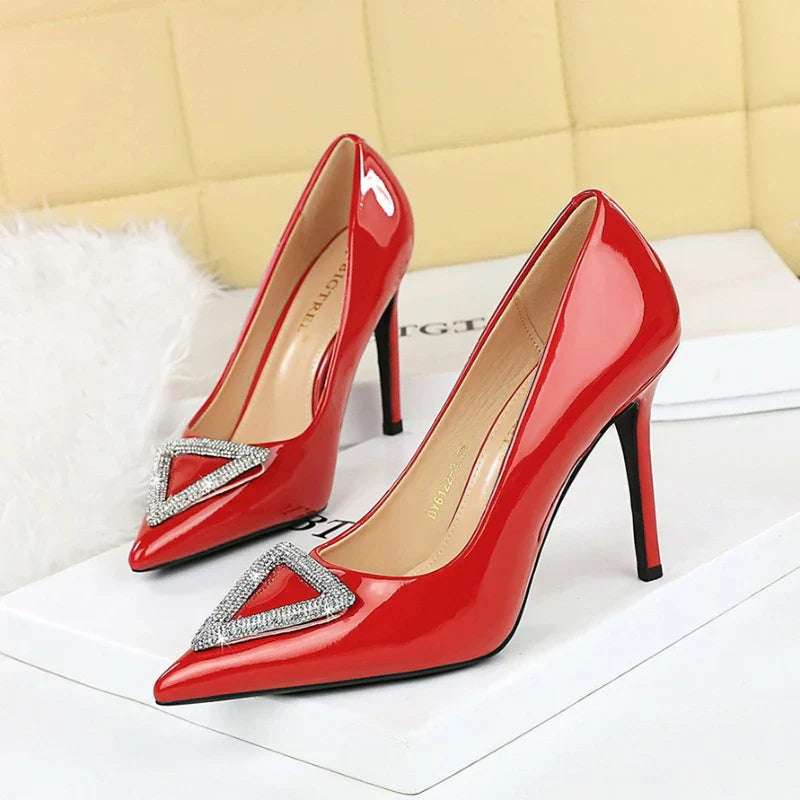 American Banquet High Heels Slim Heels Shiny Patent Leather Shallow Mouth Pointed Toe Shining Rhinestone High Heels Single Shoes