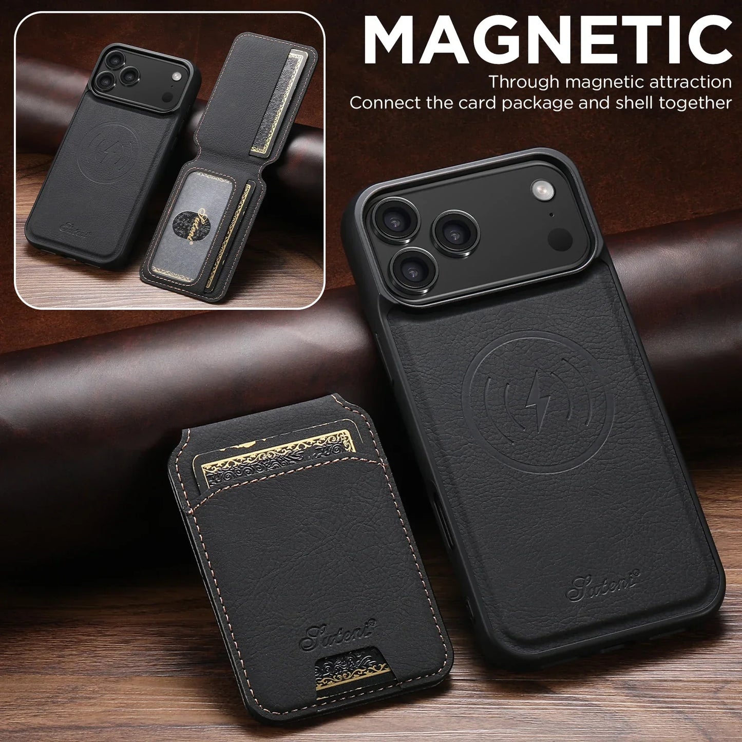 Wireless Charging Phone Case Magnet Card Holder Stand Faux Leather For iPhone 17 Pro Max 16 Plus 15 14 13 12