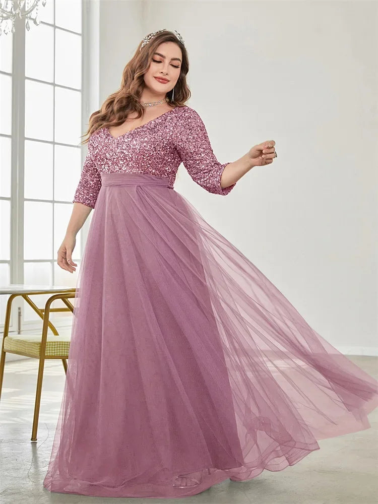 plus Size Luxury Floor Length V-Neck Evening Dress 2025 Women Elegant Party Maxi Dress Sequins Short Sleeves Prom Cocktail Gown