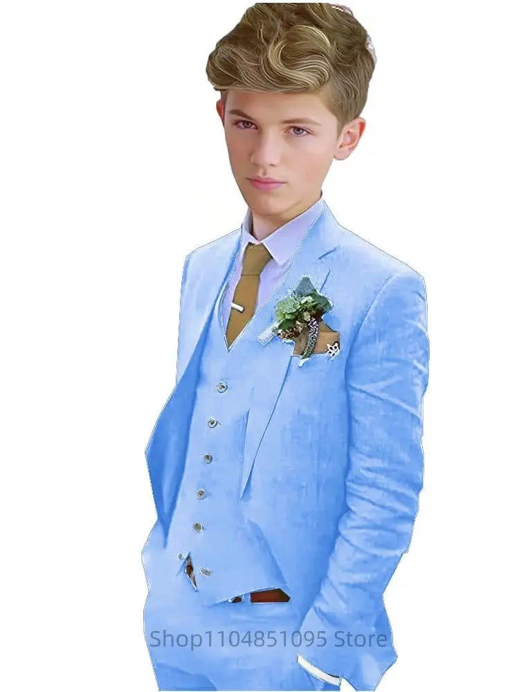 Elegant 3 Pieces Linen Suit for Boy Wedding Dresses Casual Boys Suit Set with Notch Lapel Fitted Blazer Vest Pants Casual Tuxedo