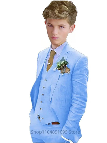Elegant 3 Pieces Linen Suit for Boy Wedding Dresses Casual Boys Suit Set with Notch Lapel Fitted Blazer Vest Pants Casual Tuxedo