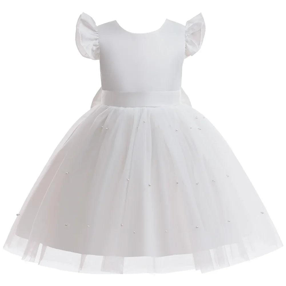 Girls White Wedding Pearls Elegant Pageant Princess Dress For Girls Backless Big Bow Wedding Bridesmaid Birthday Party Ball Gown