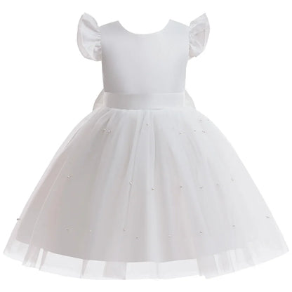 Girls White Wedding Pearls Elegant Pageant Princess Dress For Girls Backless Big Bow Wedding Bridesmaid Birthday Party Ball Gown