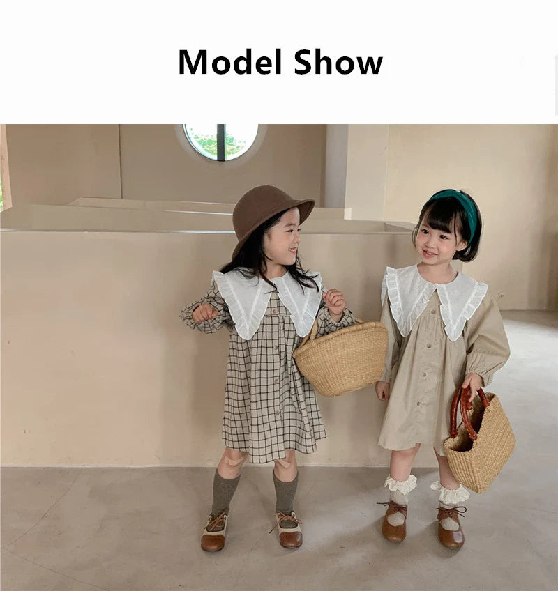 Baby Girls Dress Casual Plaid Clothes Summer New Korean Cotton Linen Girls Princess Dress Big Turn Down Collar Dress