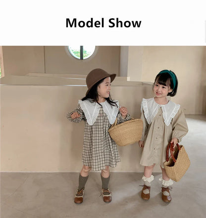Baby Girls Dress Casual Plaid Clothes Summer New Korean Cotton Linen Girls Princess Dress Big Turn Down Collar Dress