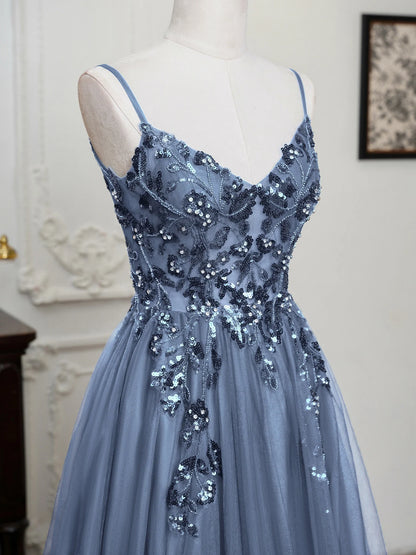 Sling Evening Dresses Prom Dress V-Neck A-Line Train High Split Gowns Sexy Spaghetti Straps Illusion Sequins Appliques