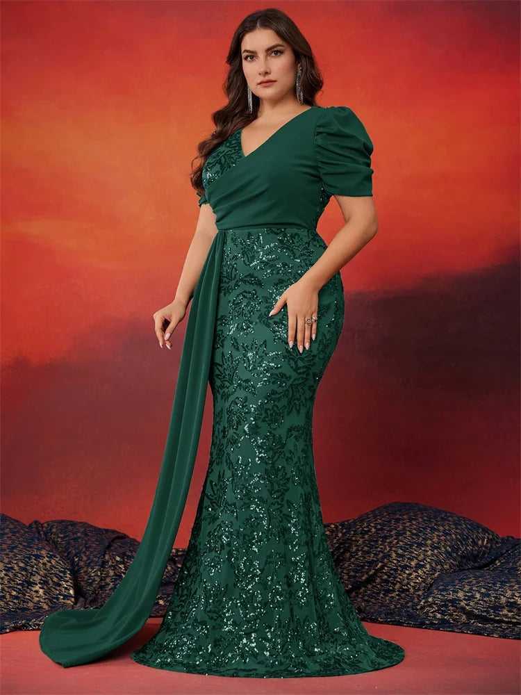 Plus Size Elegant V-neck Sequins Evening Dress Women Short Sleeves Mermaid Formal Luxury Party Streamer Prom Dress