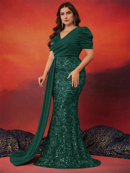 Plus Size Elegant V-neck Sequins Evening Dress Women Short Sleeves Mermaid Formal Luxury Party Streamer Prom Dress