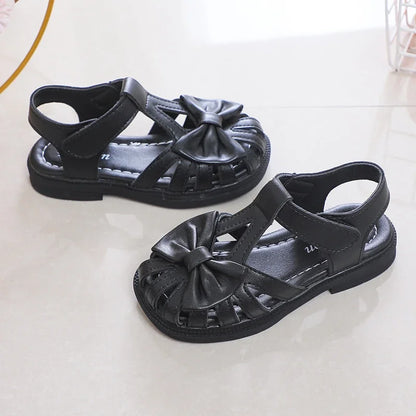 Cute Girls Sandals Bow Peep-toe 2023 New Soft Hook & Loop Beige Kids Princess Shoes Casual Shoes PU Cute Children Shoes Non-slip