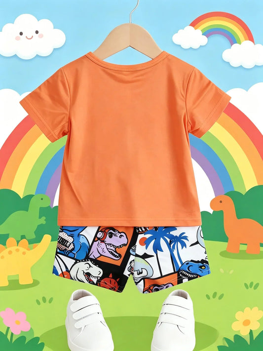 Summer New Arrival Boys Orange White Color Block Dinosaur Comic Print Short Sleeve Shorts Set