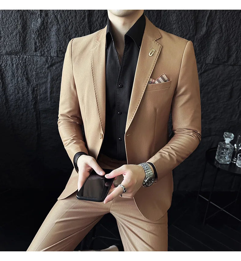 Men's Korean Style Slim Fit Suit Set, High Quality Fabric Solid Color Edge Pressing for Wedding Business