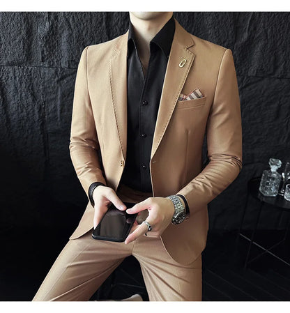 Men's Korean Style Slim Fit Suit Set, High Quality Fabric Solid Color Edge Pressing for Wedding Business