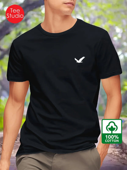 Men's Summer 100% Cotton Eagle Graphic Printed Fashion Sports and Leisure Loose Round Neck Short Sleeve T-shirt Top