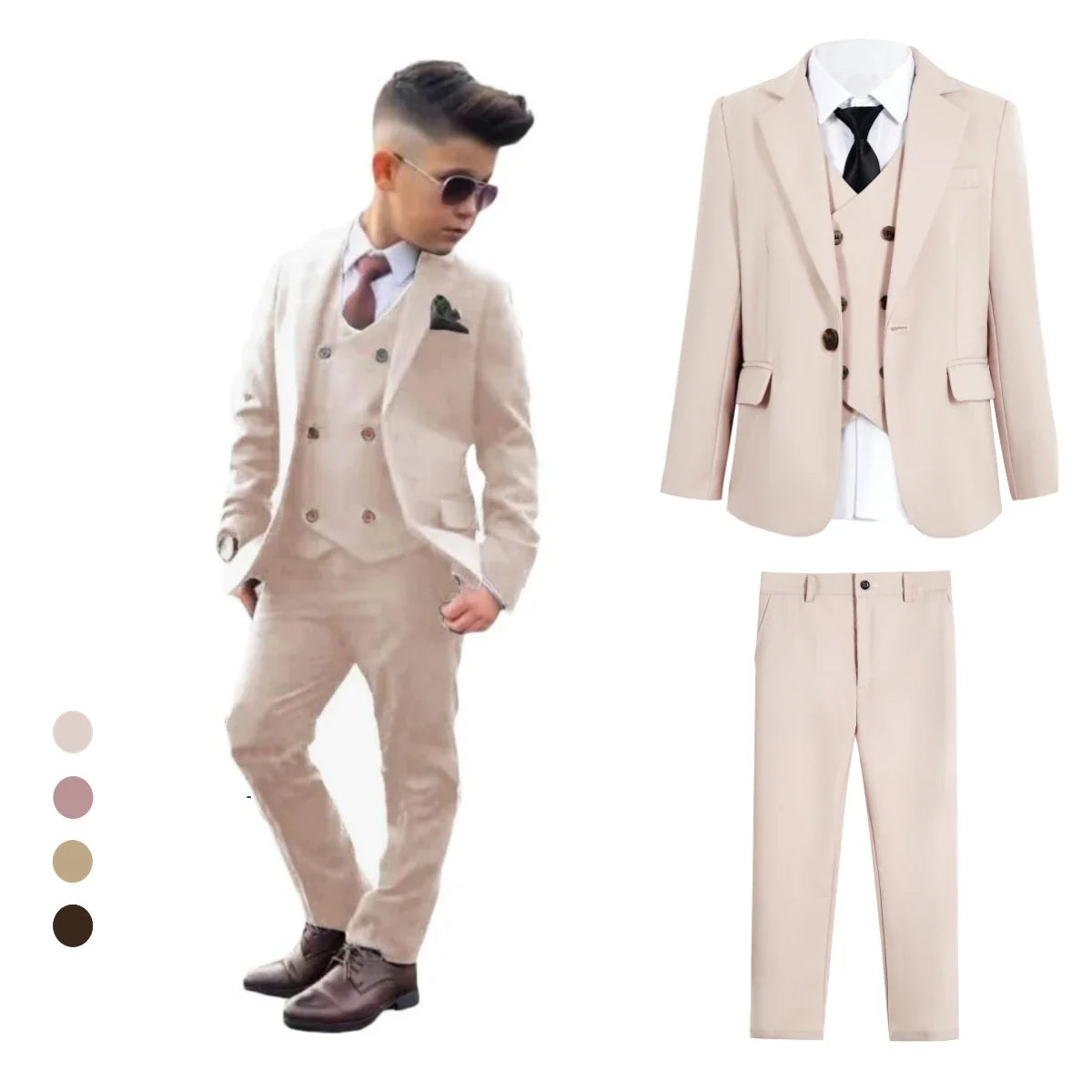 Boy's Solid 4-Piece Suit Set, Single Button Blazer Jacket, Vest, Pants Bow-tie, Wedding Party Dresswear for Kids In Stock