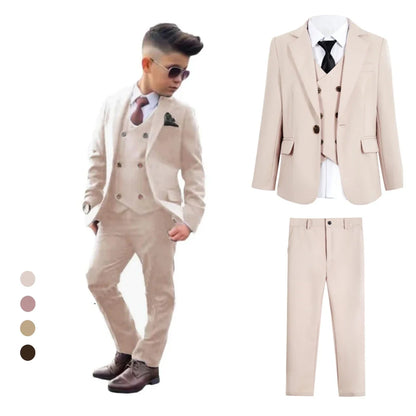 Boy's Solid 4-Piece Suit Set, Single Button Blazer Jacket, Vest, Pants Bow-tie, Wedding Party Dresswear for Kids In Stock