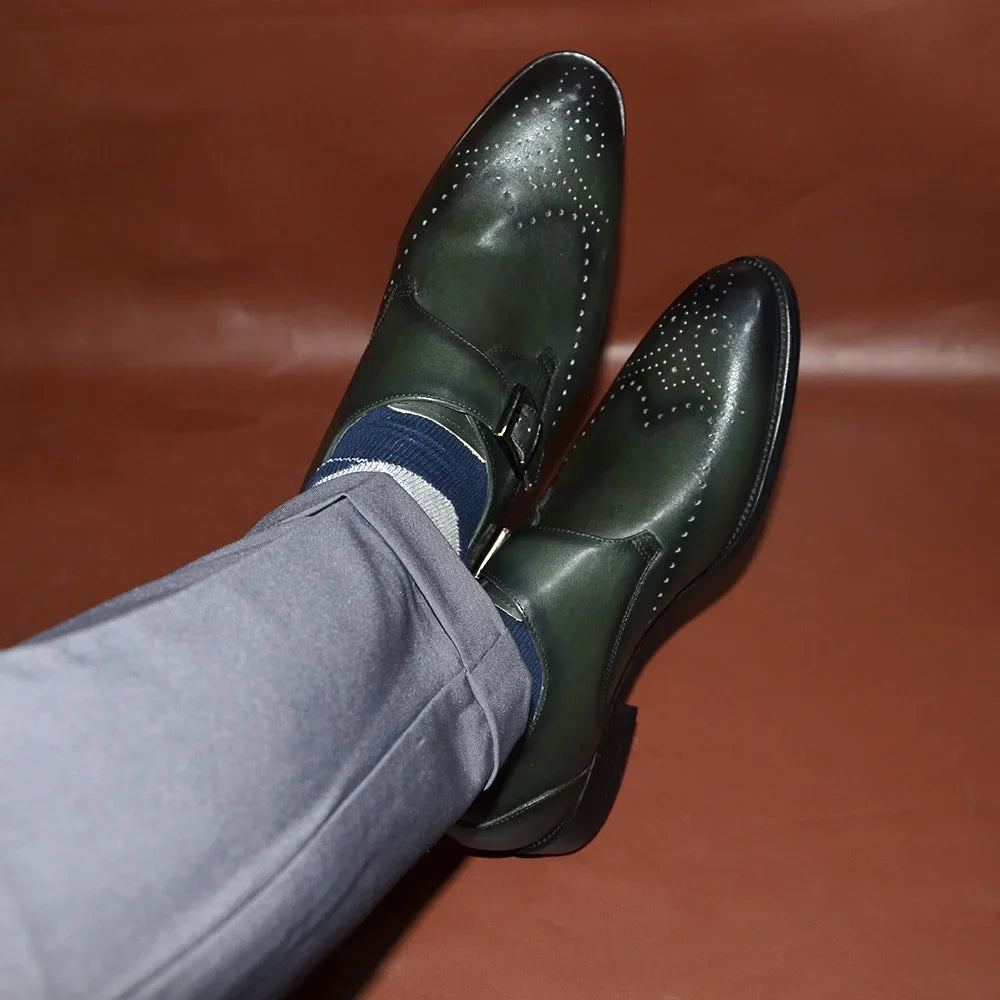 Elegant Men's Monk Strap Dress Shoes Genuine Leather Single Buckle Green Black Loafer Brogue for Party Wedding Formal Occasions