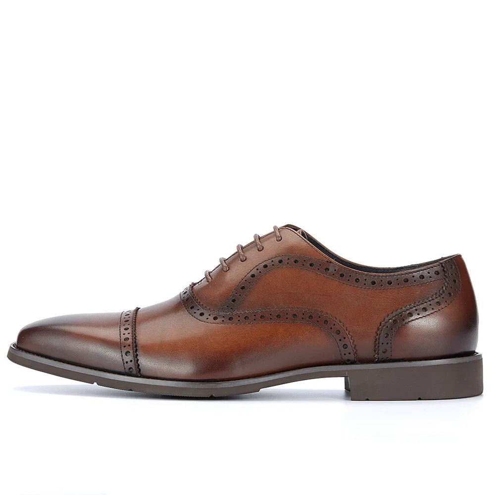 Men's Genuine Leather Brogue Oxfords, Business Formal Dress Shoes with Soft Rubber Sole