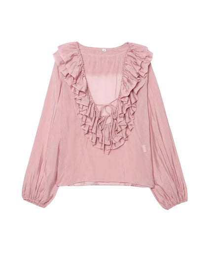Women Fashion Long Sleeve V Neck Tierred Ruffles Loose Blouse Female Solid Color Casual Shirts Blusas Chic Tops LS6317