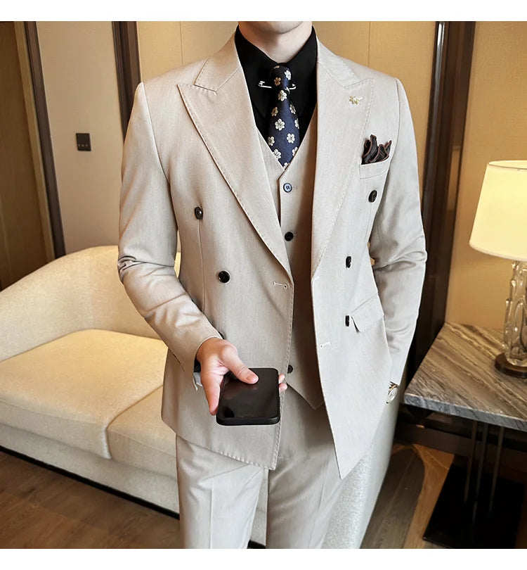 (Jackets+Pants) Luxury Double Breasted Design Slim Fit Suit High Quality Fashion Men's Wedding Social Suit Tuxedo 2 Piece Set