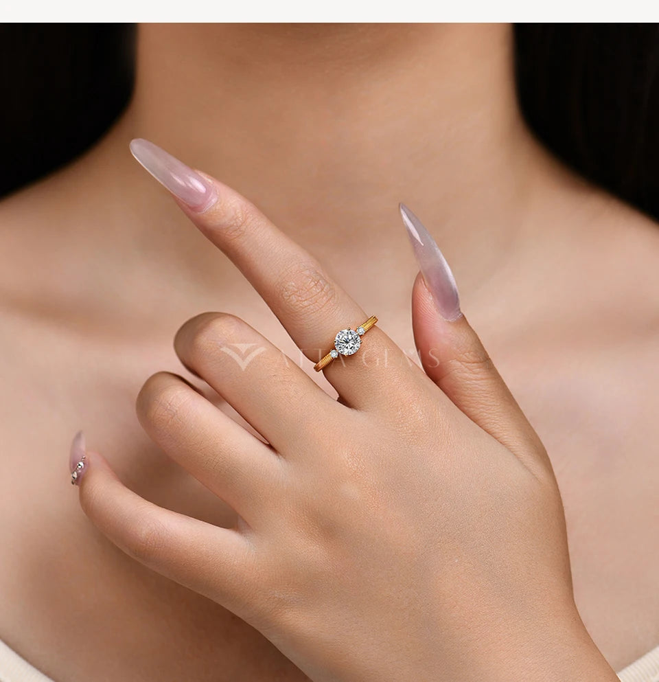 1CT 6.5mm Round Cut Moissanite Ring for Women 925 Silver 18K Gold Plated Bead Edge Design Engagement Party Jewelry Gift