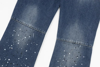 American retro washed letter spliced denim trousers high street trendy brand couple loose straight micro-flared long trousers