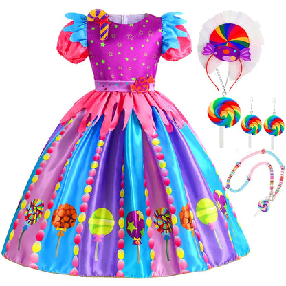Sweet Lollipop Candy Girl Dress Rainbow Tutu Children's Birthday Carnival Party Costume Kids' Fancy Wedding Clothes