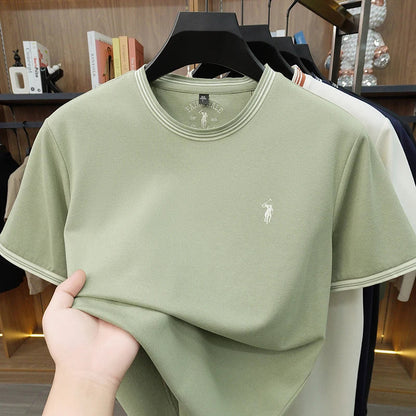 Summer New Cotton Men's Light Luxury Embroidered Versatile Round Neck Loose Short Sleeved Top