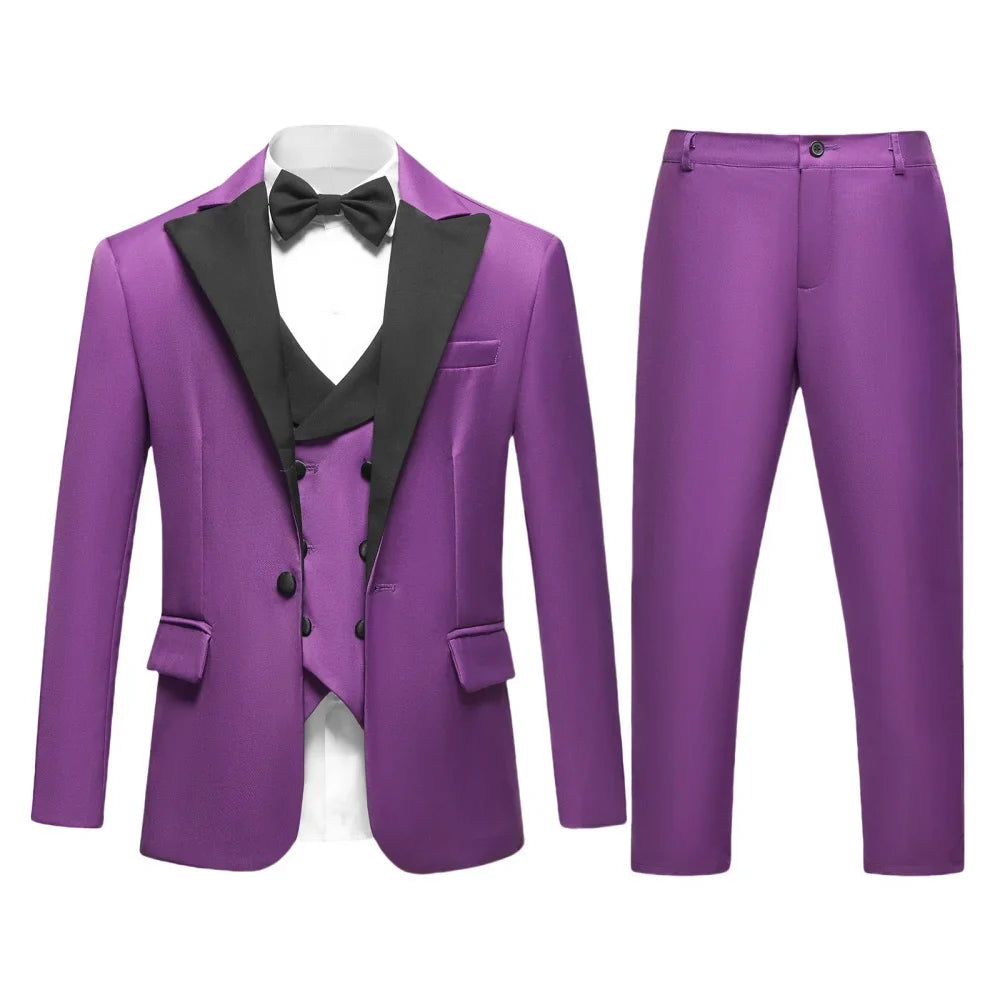 Boys Black Slim Formal Tuxedo Set Jacket Vest Pants Bow Tie Christmas Wedding Performance Wear for Kids Teens Ages 2-16