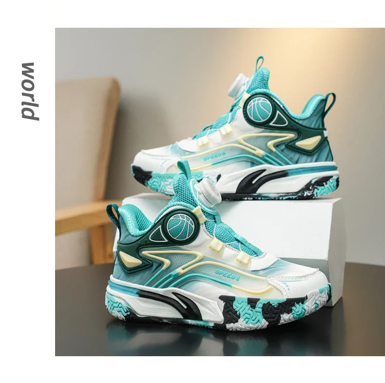 Children's basketball shoes boys' waterproof leather surface rotating buckle anti-slip and shock-absorbing student sports shoes