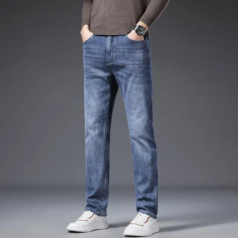 Calça Jeans Masculina Coreana Macia Elástica Slim Fit Negócios Casual Reta Jeans Clássica Marca Azul Lavado Cinza