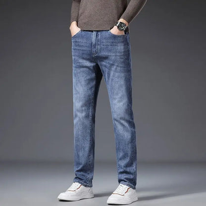 Calça Jeans Masculina Coreana Macia Elástica Slim Fit Negócios Casual Reta Jeans Clássica Marca Azul Lavado Cinza
