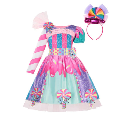 Rainbow Lollipop Girls Dress Sweet Purim Festival Celebrate Costume Fancy Carnival Children Vestidos Princess Cosplay Outfits